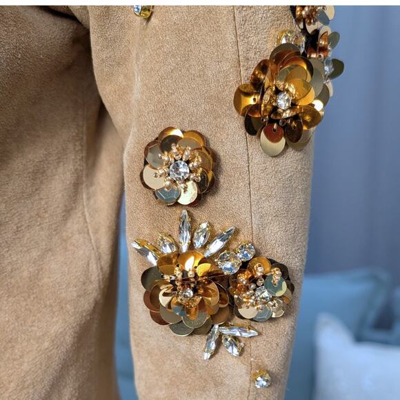 Penny Lane 100% genuine Suede Jacket, Lamb Fur Trim, Sequin Embroidery - S - Picture 6 of 12